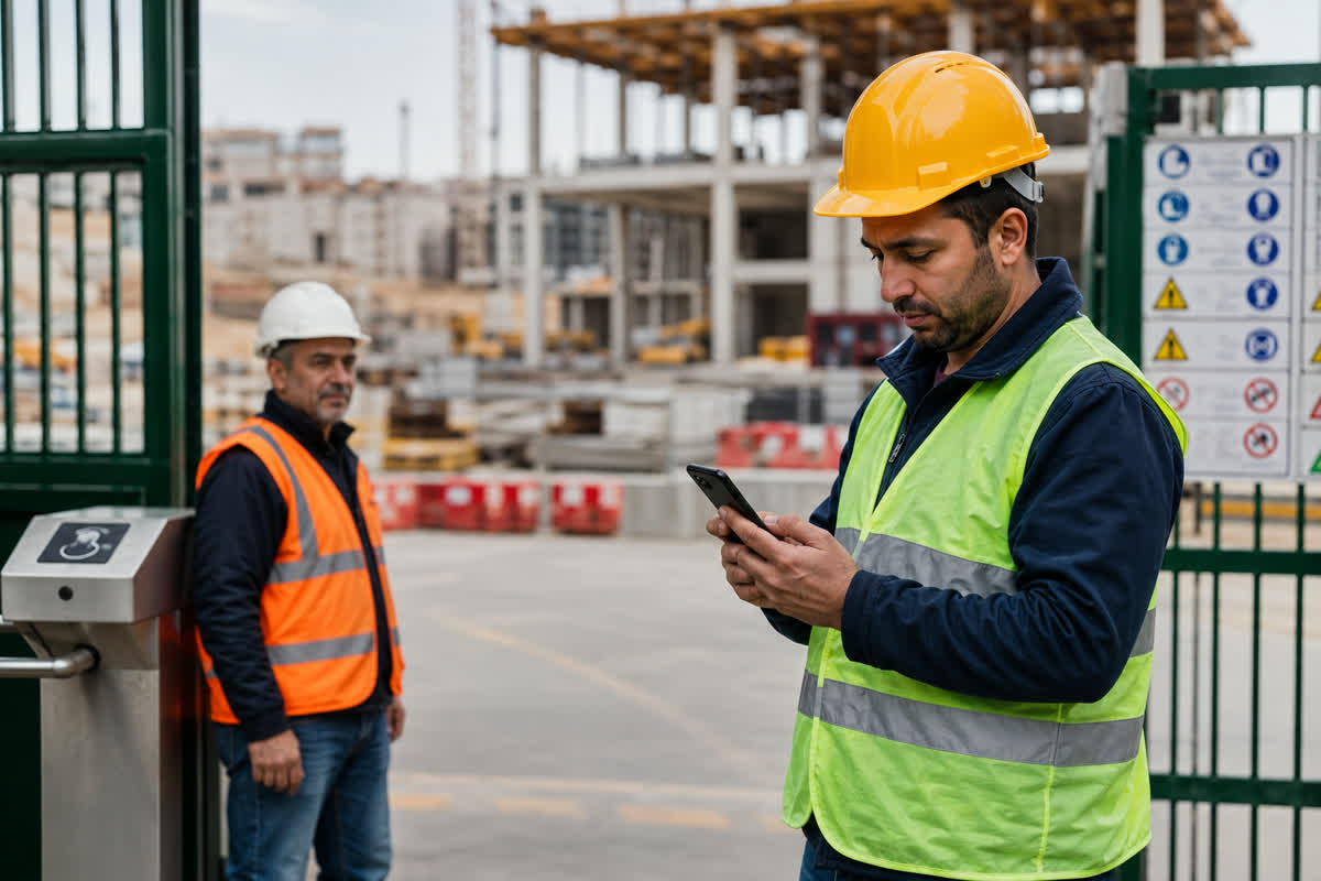 Şantiye girişinde mobil PDKS uygulaması kullanan çalışan